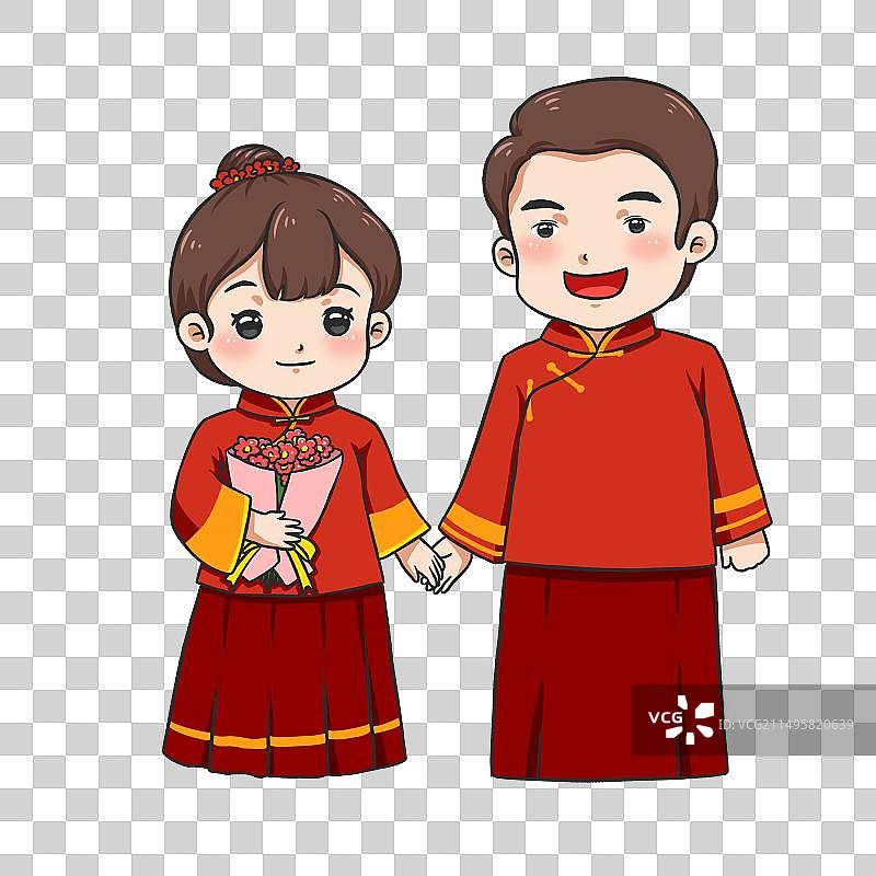 手绘卡通中式新郎新娘婚纱人物元素图片素材