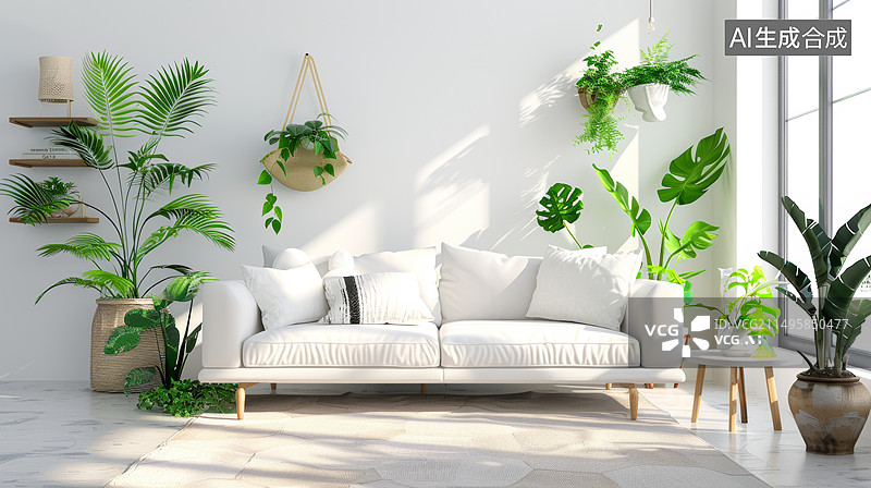 【AI数字艺术】白色房间内白色沙发和盆栽绿植图片素材