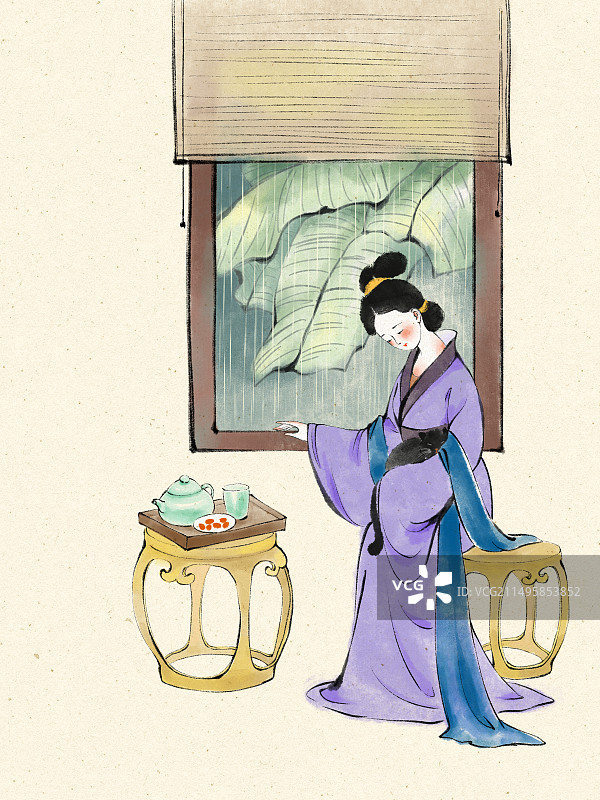 品茶听雨的古代美女李清照传统诗歌故事人物插画图片素材