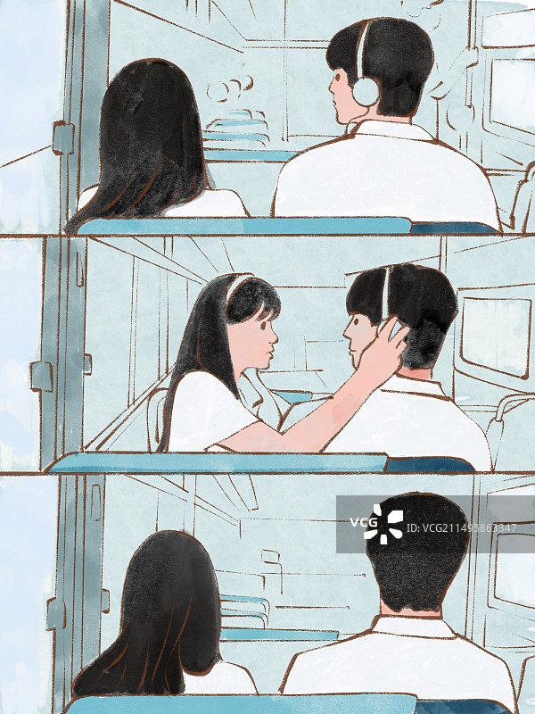 情侣在公交车上听音乐浪漫情人节青春故事手绘插画图片素材
