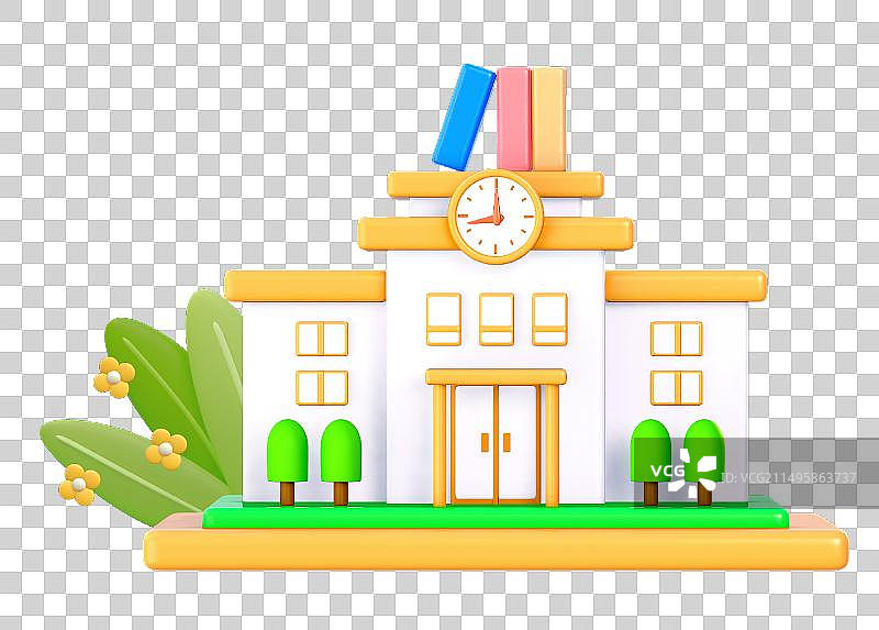 学校图书馆建筑3D卡通插画元素图片素材