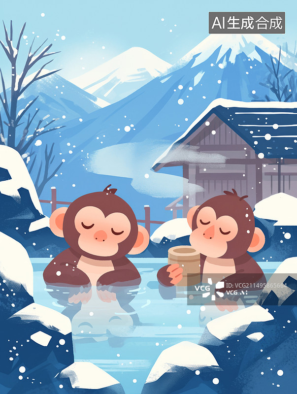 【AI数字艺术】两只猴子泡温泉插画图片素材