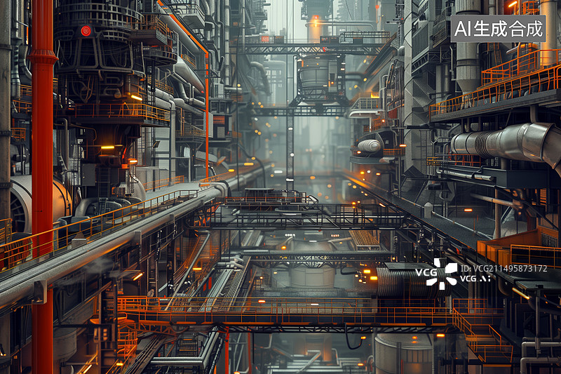 【AI数字艺术】焦化厂炼化厂各种液体传输管道铺设的内景效果图图片素材