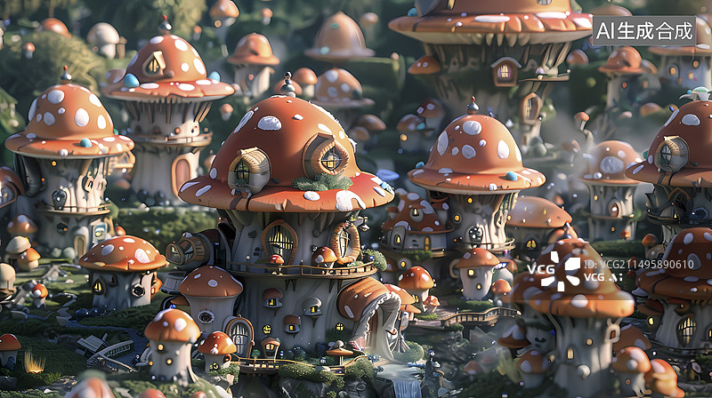 【AI数字艺术】立体蘑菇城镇童话世界抽象海报背景图片素材