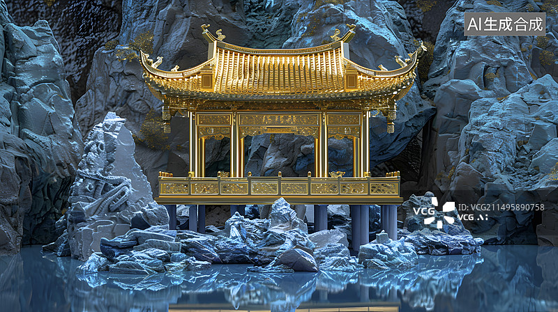 【AI数字艺术】亭台楼阁金玉传统建筑海报背景图片素材