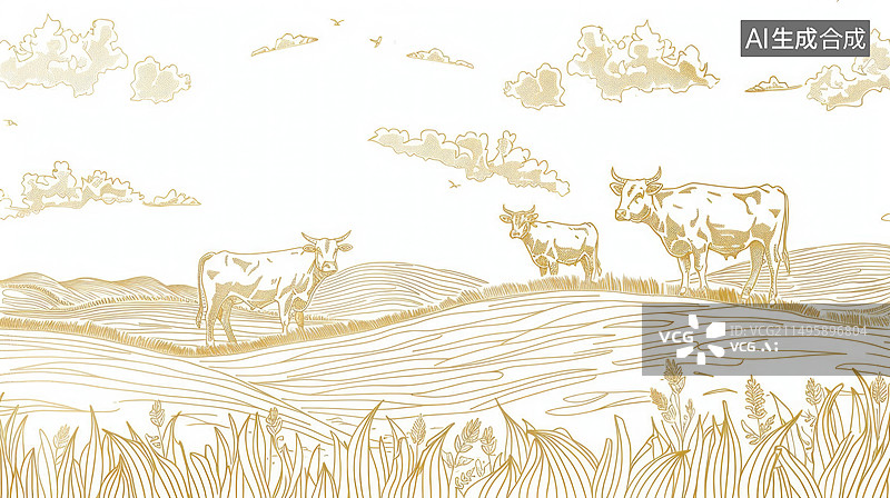 【AI数字艺术】草原上的奶牛线描画图片素材