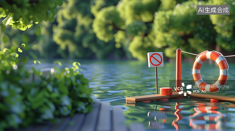 【AI数字艺术】夏天树木茂盛的湖泊水边护栏上救生圈3D卡通插画图片素材