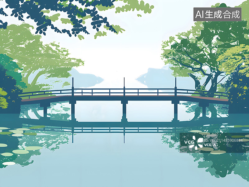 【AI数字艺术】中国风水岸岸边桥梁插画图片素材