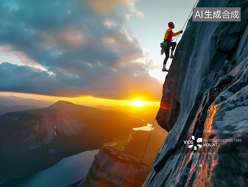 【AI数字艺术】夕阳下徒手登山的旅行者图片素材