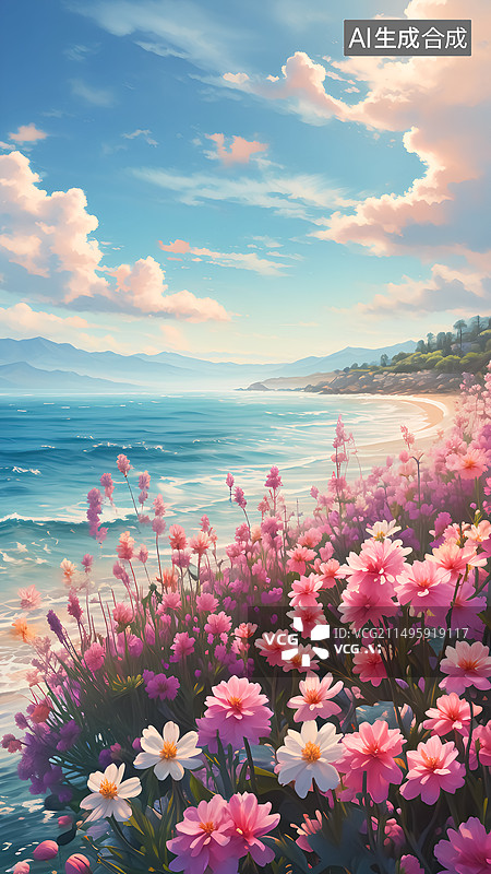 【AI数字艺术】春天的大海和鲜花插画图片素材