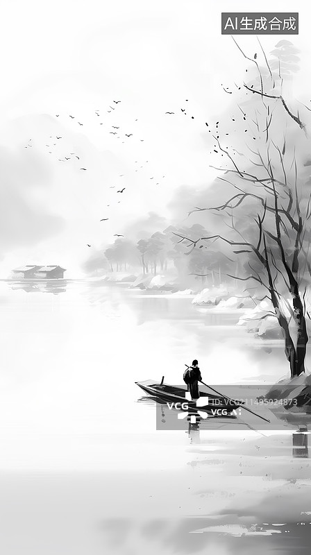 【AI数字艺术】轻舟已过万重山水墨风图片素材