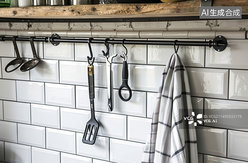 【AI数字艺术】挂在架子上的餐具的特写镜头图片素材