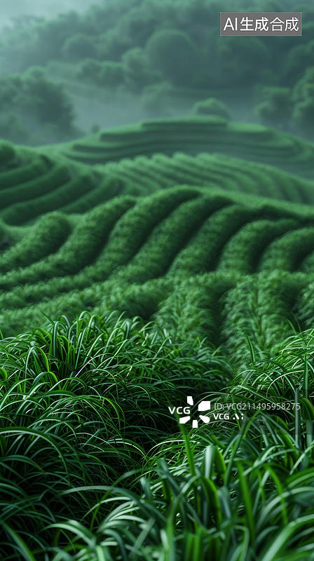 【AI数字艺术】云雾缭绕的群山中绿油油的梯田景观图片素材