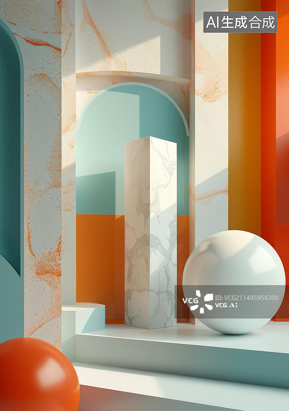 【AI数字艺术】渲染的超现实几何空间拱门和讲台图片素材