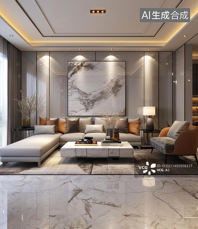 【AI数字艺术】现代简约风格大理石客厅室内设计图片素材