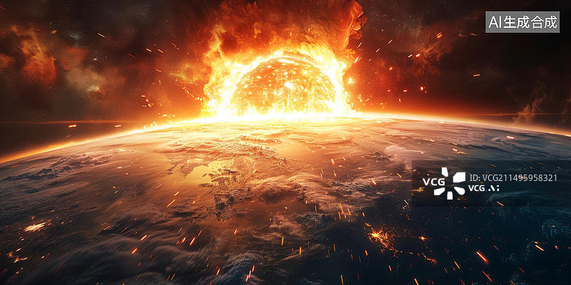 【AI数字艺术】一颗巨大的行星撞击地球地球即将毁灭图片素材