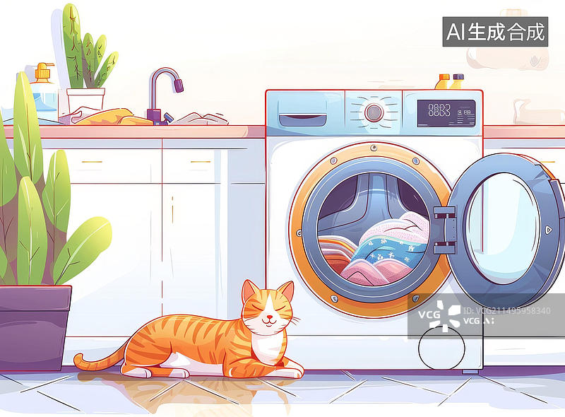 【AI数字艺术】一只姜黄色猫咪躺在洗衣机旁边地板上图片素材