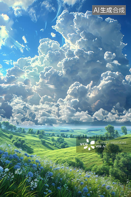 【AI数字艺术】在蓝天白云映衬下的绿色连绵起伏的丘陵图片素材