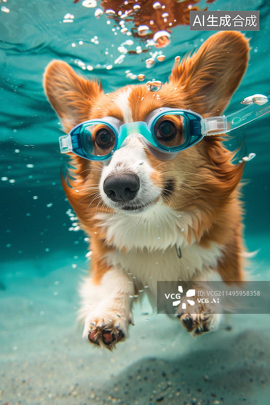 【AI数字艺术】戴着护目镜的柯基在水下游泳图片素材