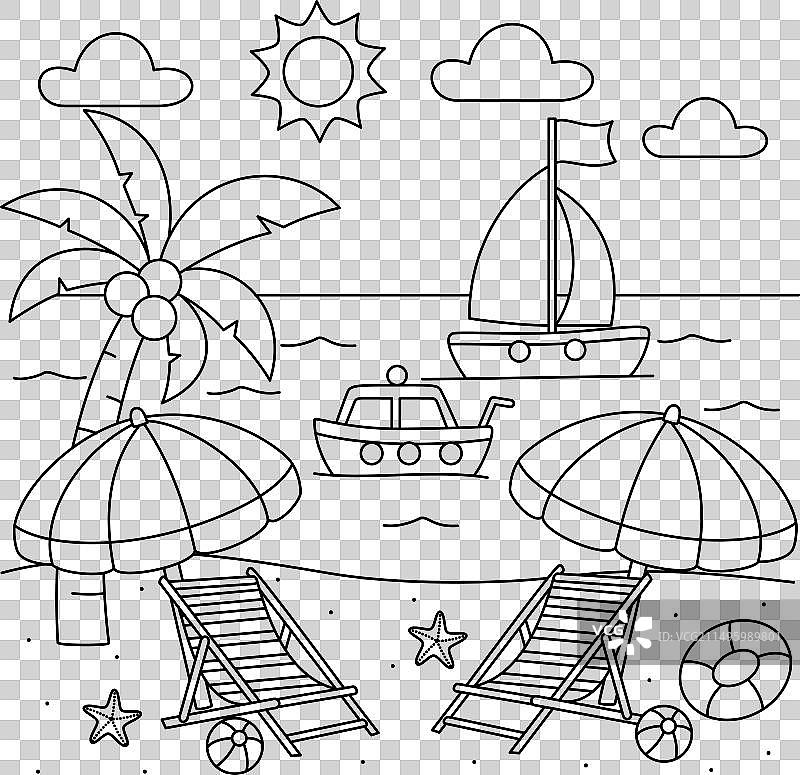 可爱的海岛沙滩夏日卡通填色页图片素材