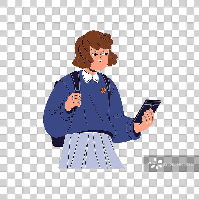 穿校服的小女孩拿着智能手机图片素材