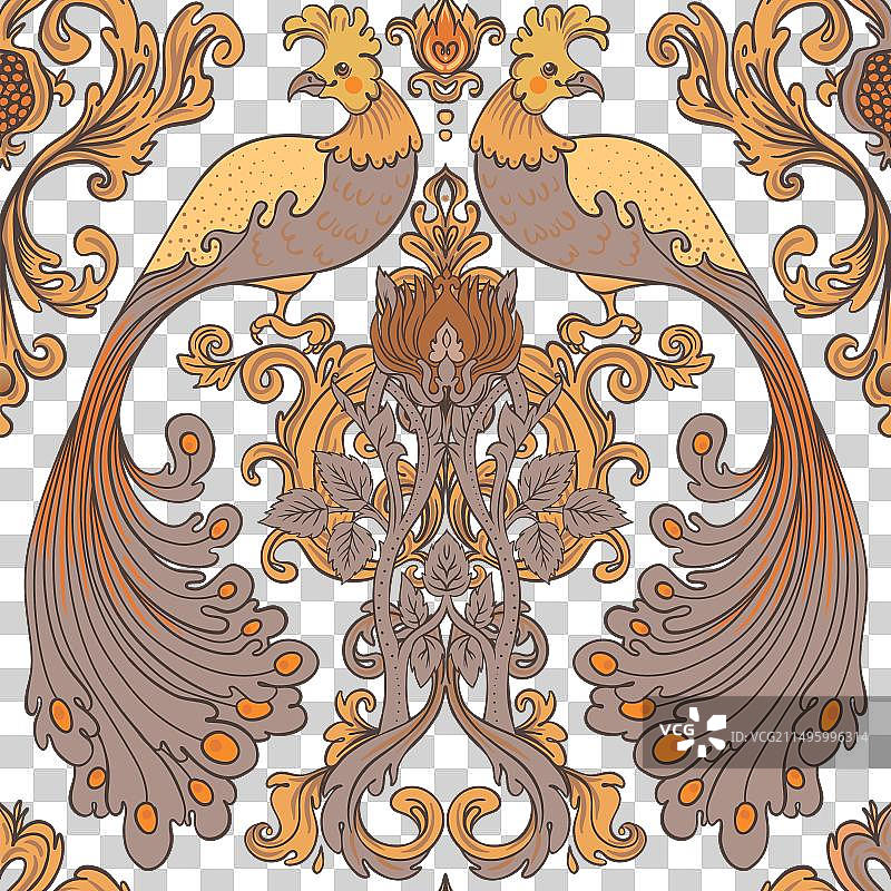 带鸟类的花卉复古无缝图案图片素材