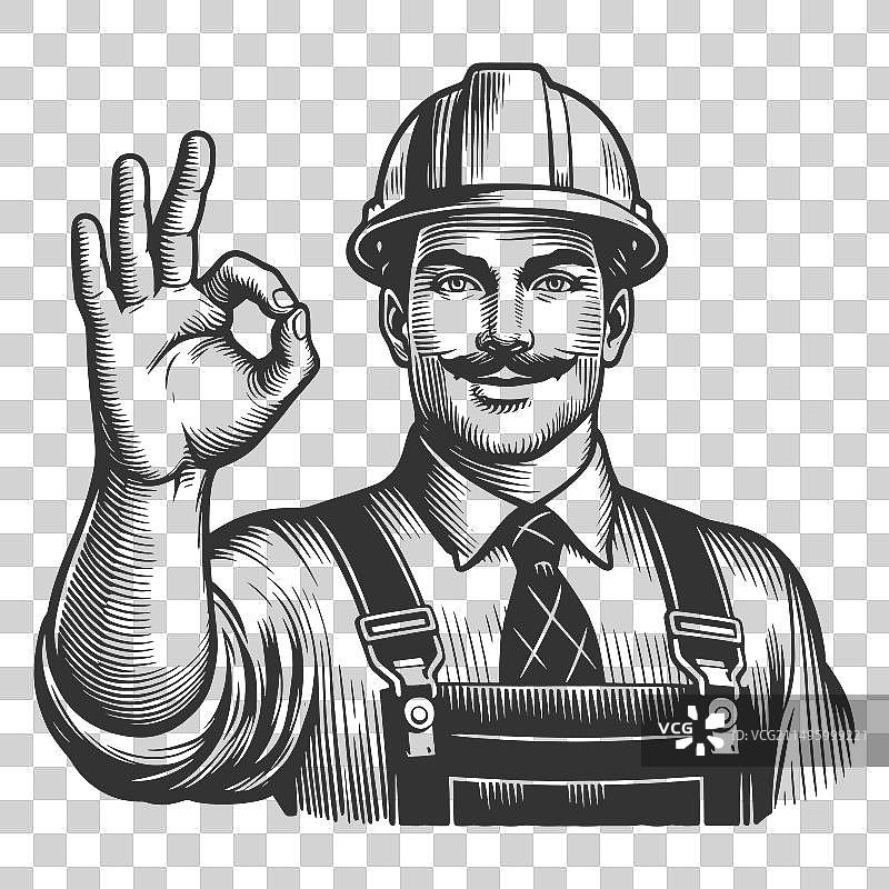 复古建筑工人做出OK手势图片素材