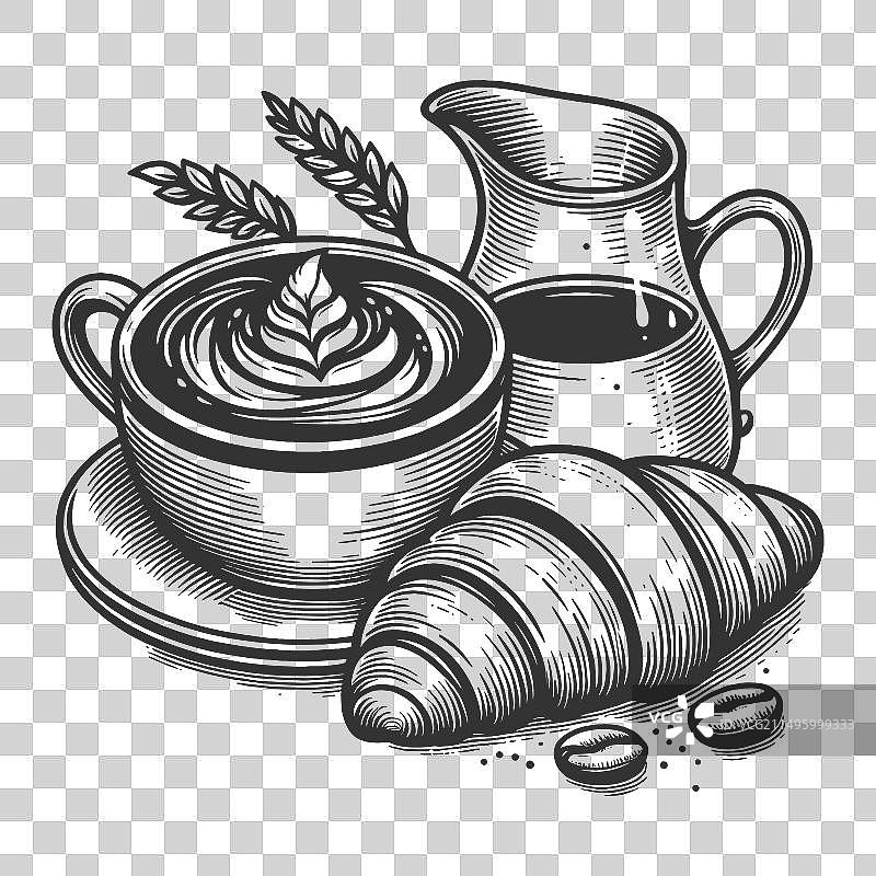 咖啡拉花与羊角面包早餐图片素材