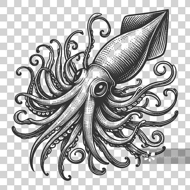 鱿鱼雕刻素描图片素材