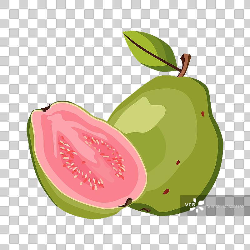 孤立的粉红色多汁番石榴与叶子图片素材