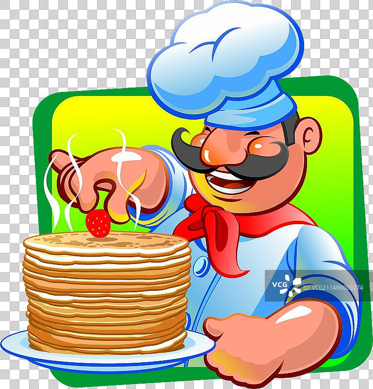 快乐的厨师拿着一盘薄煎饼图片素材