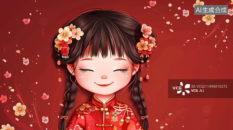 【AI数字艺术】可爱的身穿中国传统服饰小女孩插画图片素材