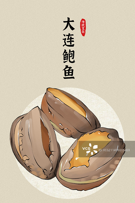 鲍鱼海鲜辽宁省大连鲍鱼美食土特产手绘国风插画海报图片素材