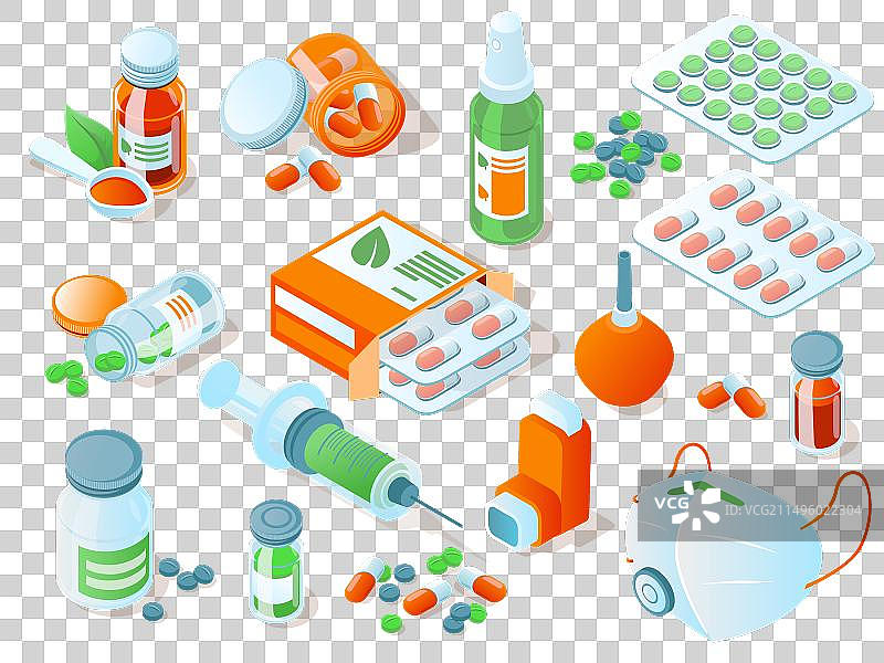 包含药丸注射器的混合医疗用品图片素材