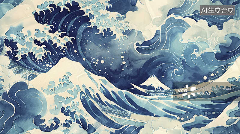 【AI数字艺术】海浪复古背景插画图片素材