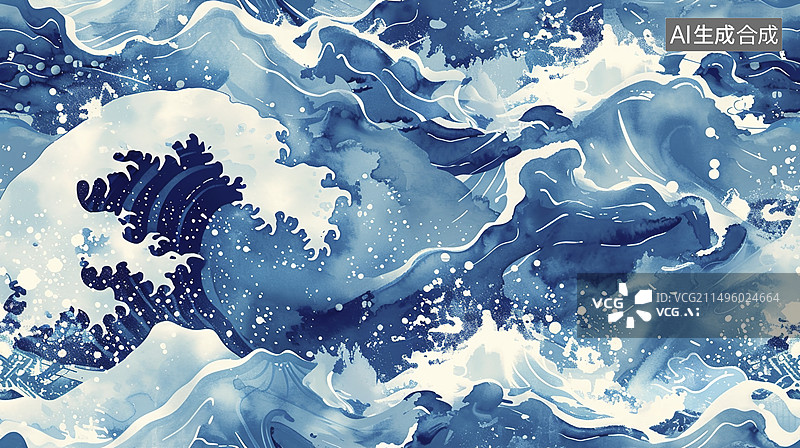 【AI数字艺术】海浪复古背景插画图片素材