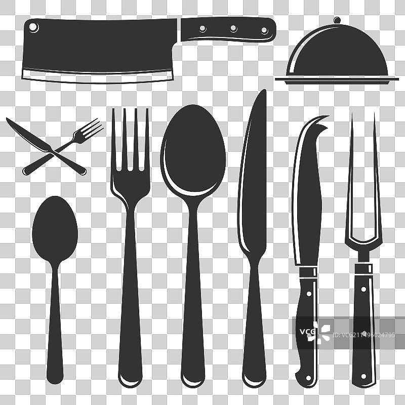 餐具图标剪影合集：勺子和叉子图片素材