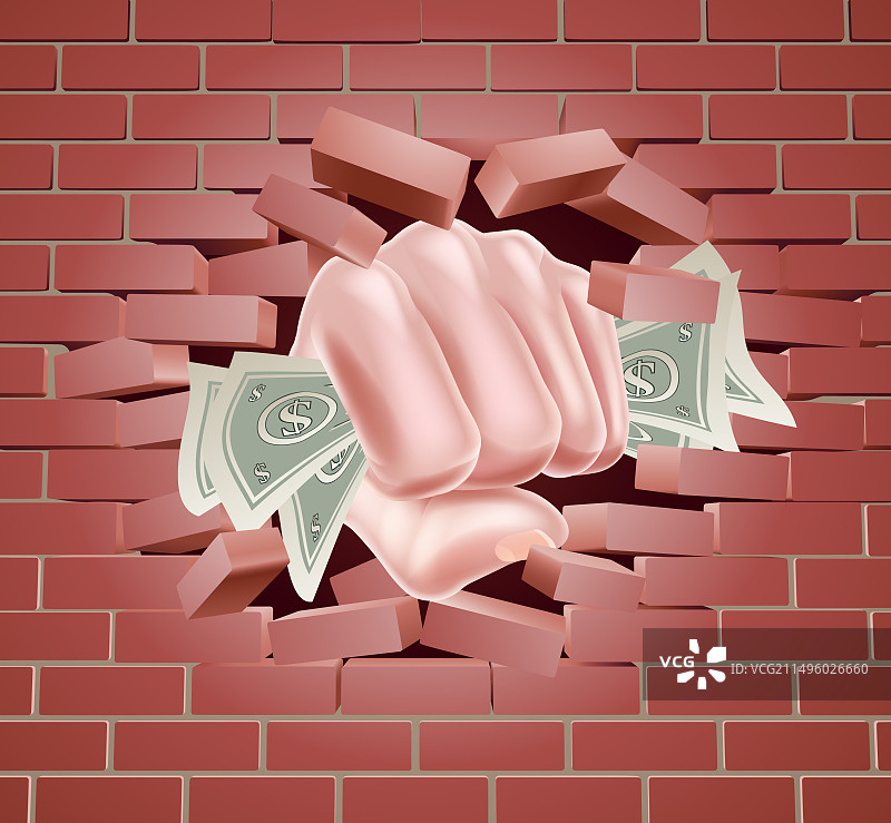 一拳击穿墙壁的钱图片素材