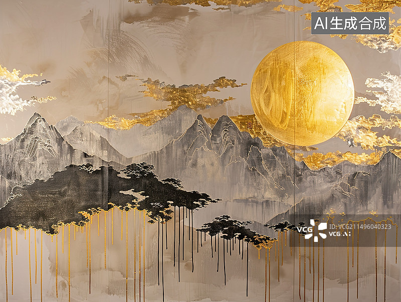 【AI数字艺术】烫金水墨风山水插画图片素材