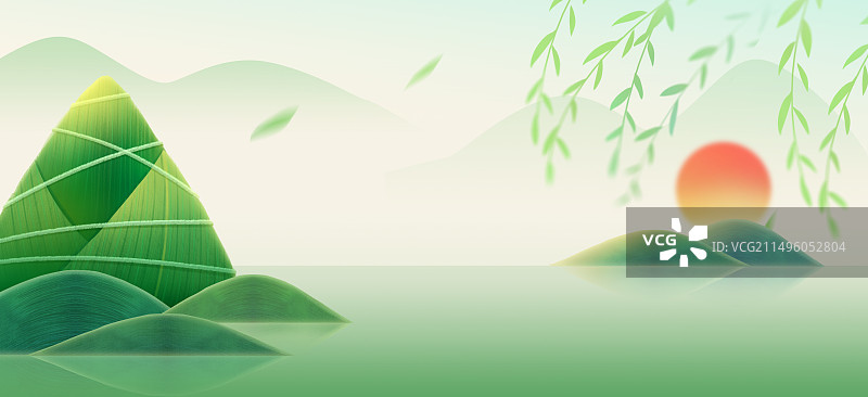 端午氛围感绿色系写意粽子横版插画图片素材