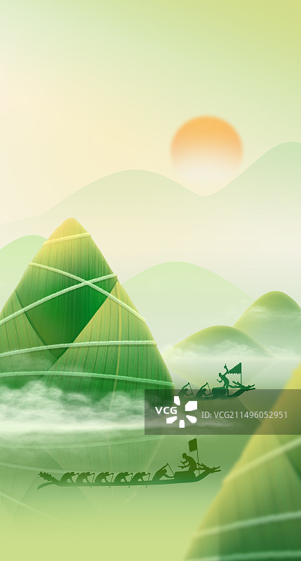 端午佳节书法山水氛围感绿色系粽子赛龙舟竖版插画图片素材