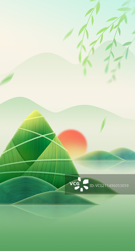 端午氛围感山水粽子绿色系竖版插画图片素材