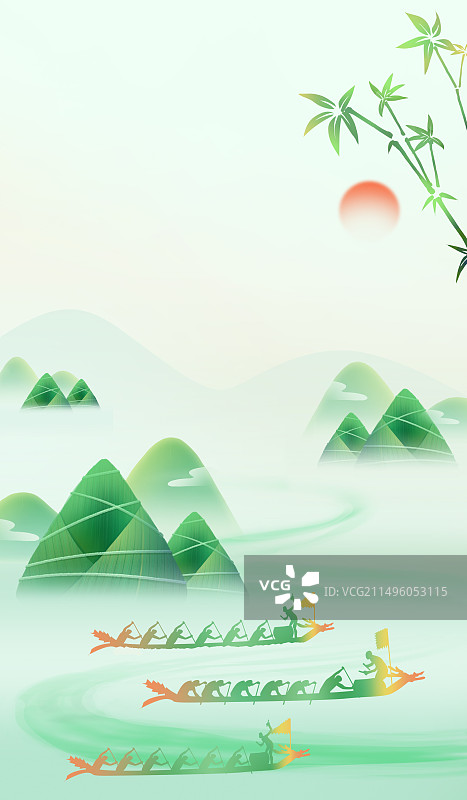 端午节山水氛围感绿色系粽子赛龙舟简洁竖版插画图片素材
