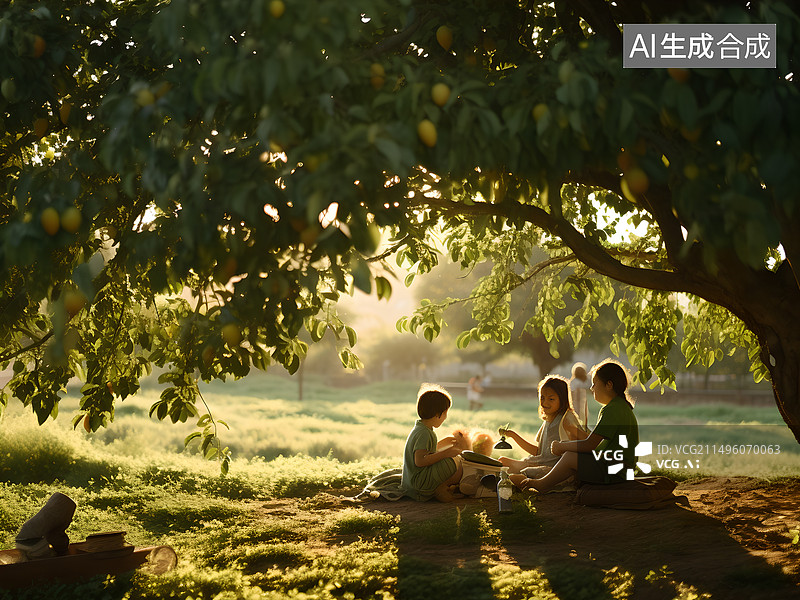 【AI数字艺术】孩子们在果树下分享果实图片素材
