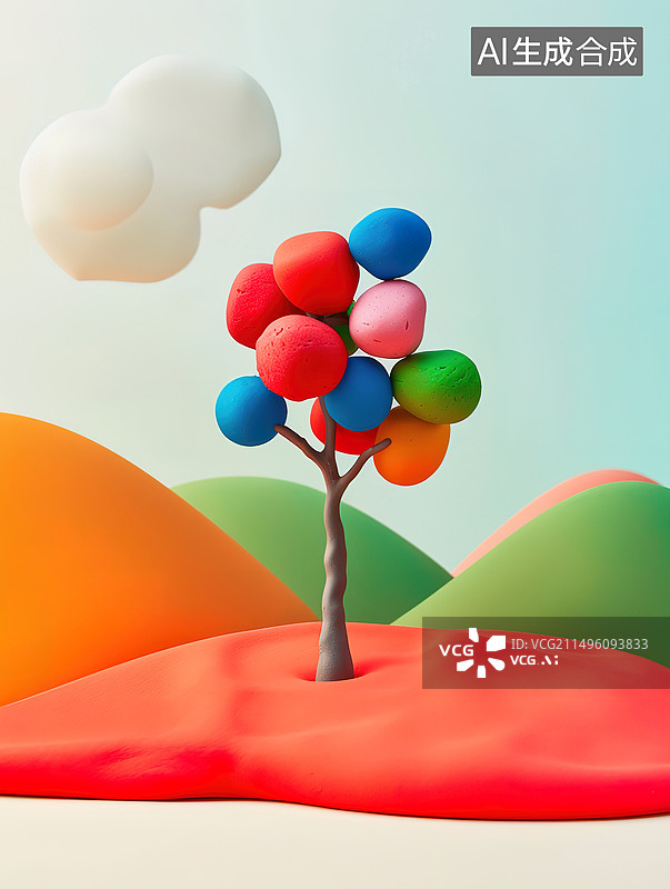 【AI数字艺术】橡皮泥捏成的彩色的树木插画图片素材