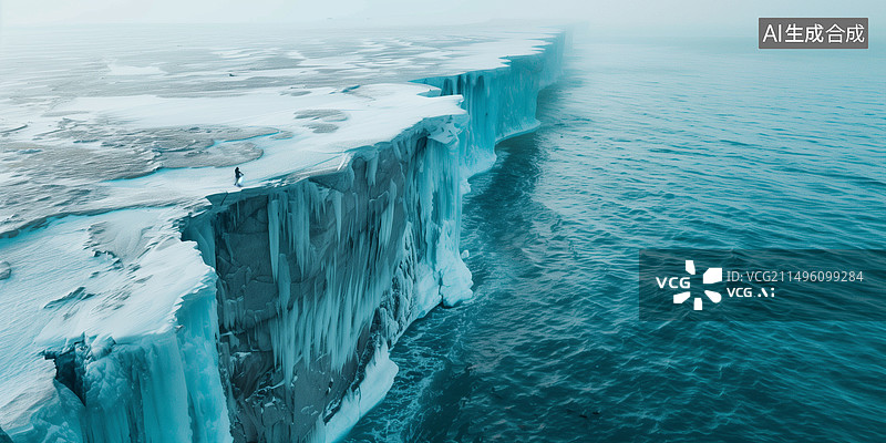 【AI数字艺术】渺小旅行者在海岸巨大冰冻悬崖上的航拍海报图片素材