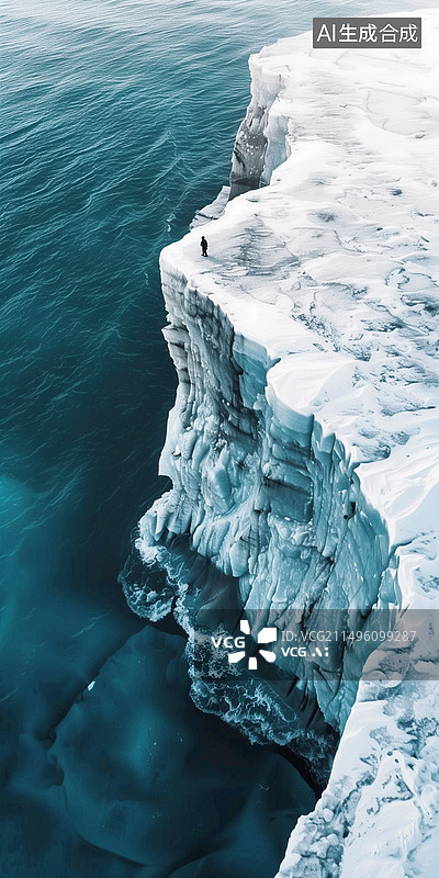 【AI数字艺术】渺小旅行者在海岸巨大冰冻悬崖上的航拍海报图片素材