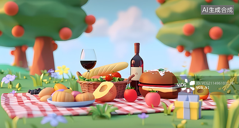 【AI数字艺术】3D卡通露营野餐场景图片素材