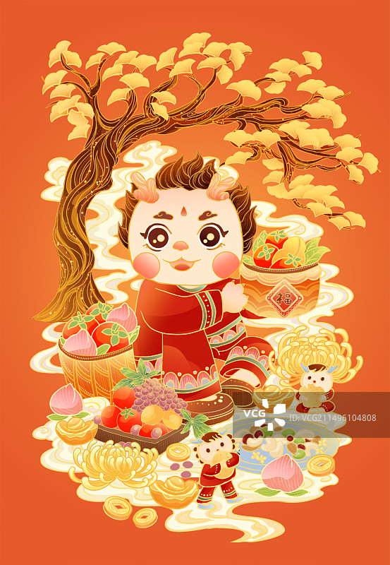 国潮插画新年快乐柿柿如意图片素材