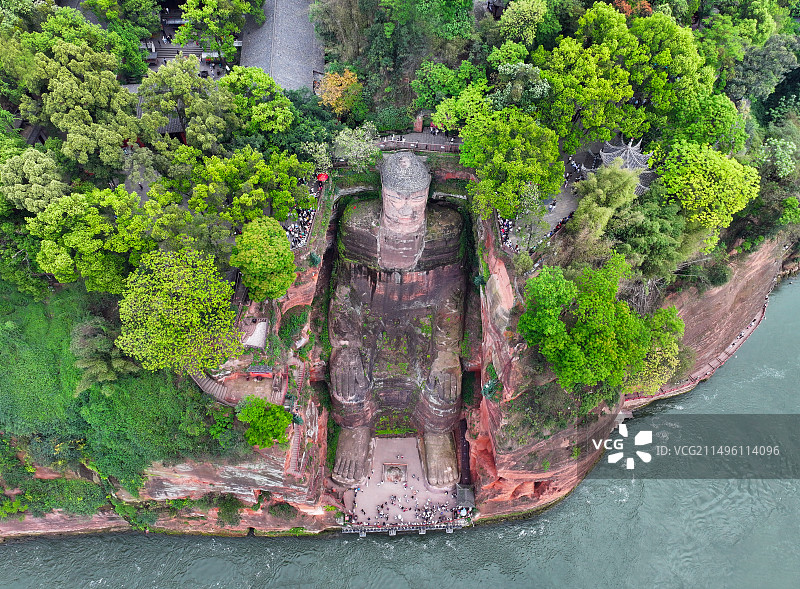 四川省乐山市世界文化自然遗产乐山大佛航拍图片素材